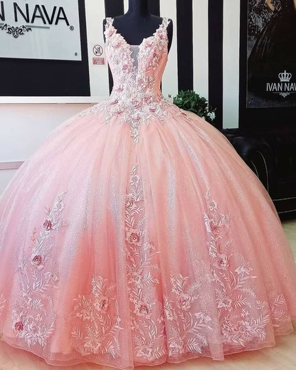A-line V Neck Pink Ball Gown Sweet 16 Dress 3D Flowers  c3288