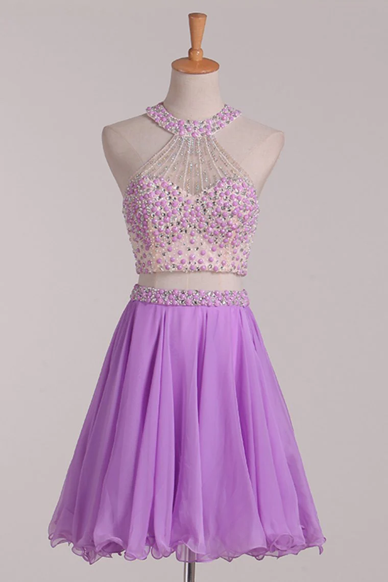 Two-Piece Halter Open Back Homecoming  Dresses Beaded Bodice Chiffon A Line c2655