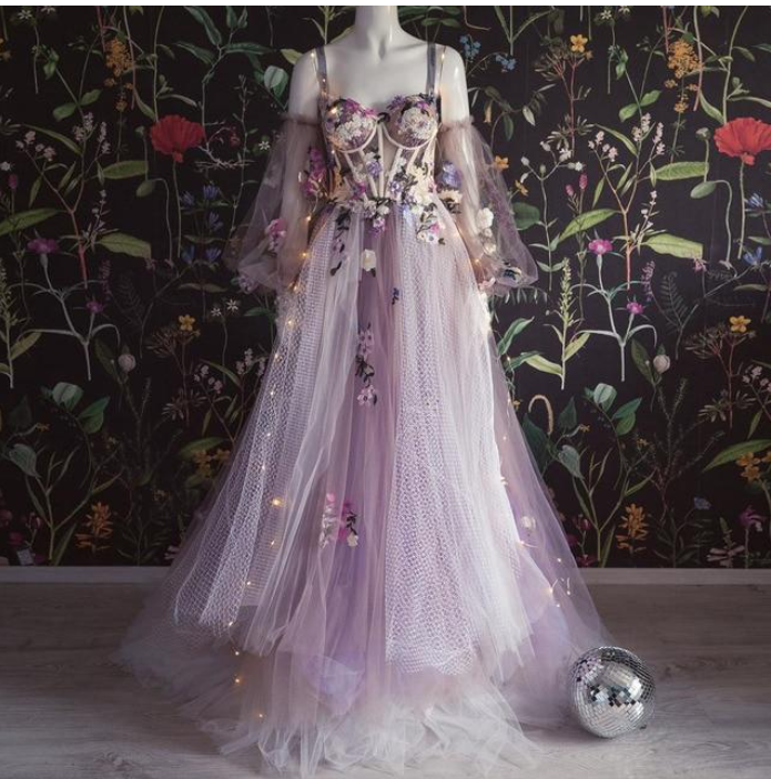 Elegant Dusty Lavender Floral Spaghetti Strap Sweetheart A-line Tulle Long Prom Dress  C2370