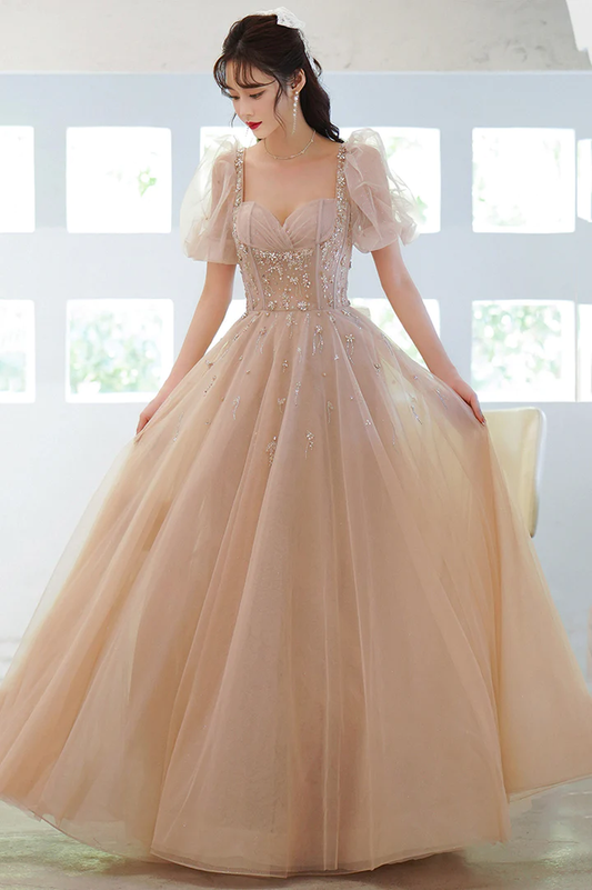 Cute tulle beads long prom dress A line evening gown c2948