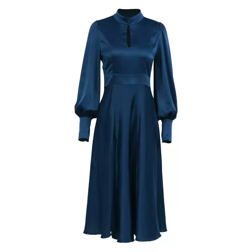 Elegant Simeple Prom Dress With Long Sleeves Split Evening Dress Women's Plain Puff Sleeve O-Neck Long Dress c2497