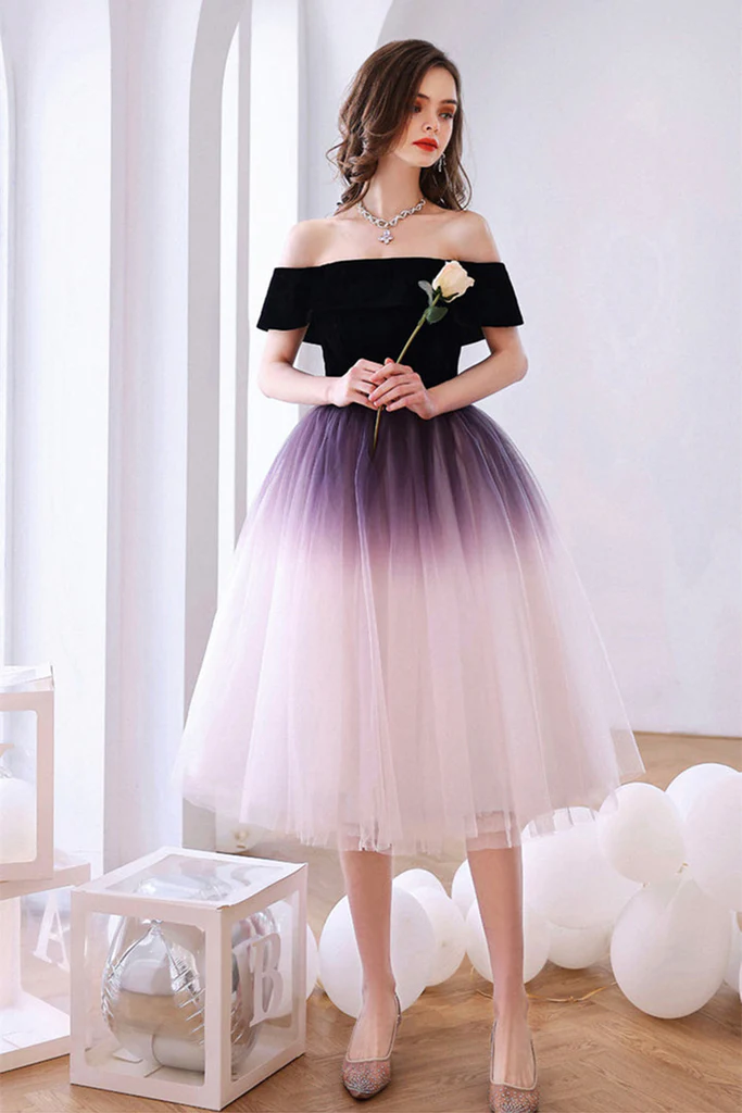 Off Shoulder Ombre Tulle Short Homecoming Dress, Ombre Formal Graduation Dress cc12