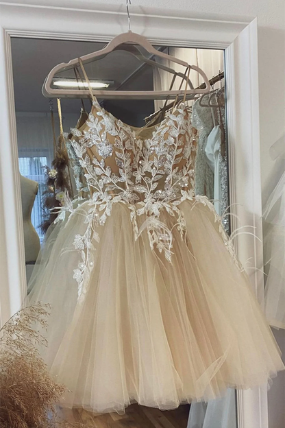 Champagne Tulle Lace Short Homecoming Dresses, Champagne Lace Formal Graduation Evening Dresses c3005
