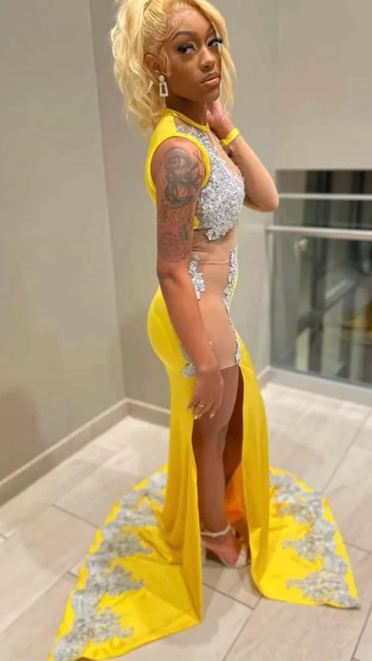 black girl yellow lace evening dresses,silver lace prom dresses, sexy evening dresses c3485