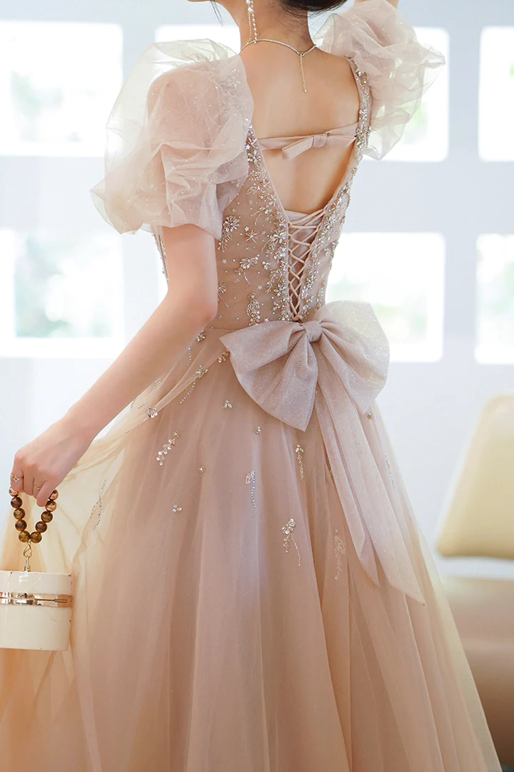 Cute tulle beads long prom dress A line evening gown c2948