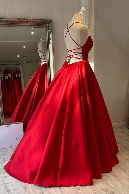 Simple Backless Red Satin Long Prom Dresses, Long Red Formal Graduation Evening Dresses c3445
