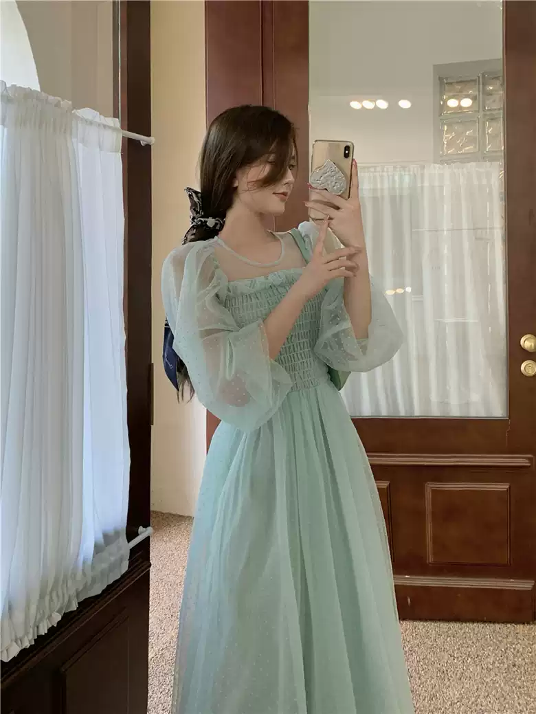 Light green skirt hollow French super fairy puff sleeve polka dot mesh dress sexy party dress cc292