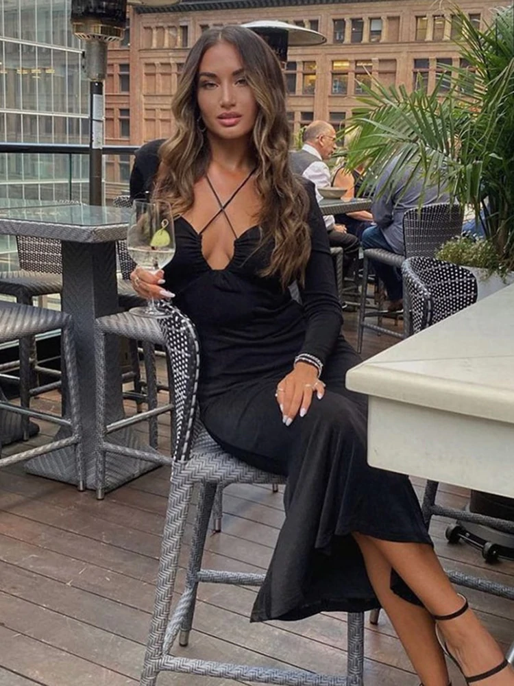 Long Sleeve Halter Maxi Dress For Women Elegant Outfits Club Party Sexy Backless Prom Dresses c2502