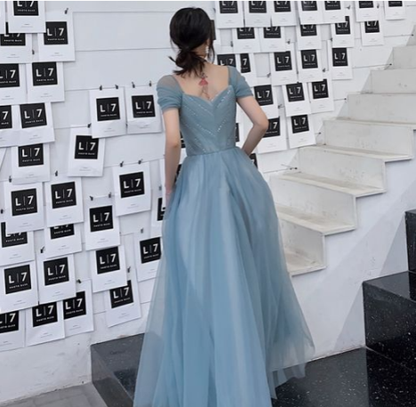 A-Line Princess Square Neckline Short Sleeve Floor-Length Prom Dresses C2119