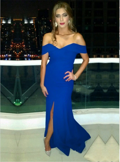 Sexy Off The Shoulder Long Royal Blue Mermaid Evening Dress With Slit C1614