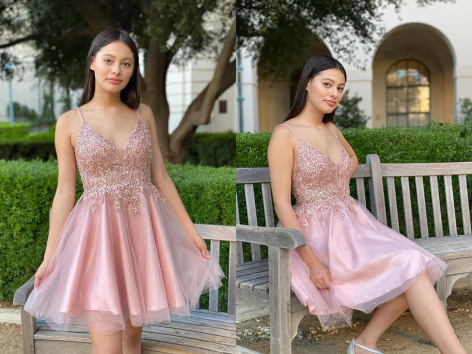 Pretty A Line Pink Beading Homecoming Dress, Short Spaghetti Straps Prom Dress,Formal Dresses c2947