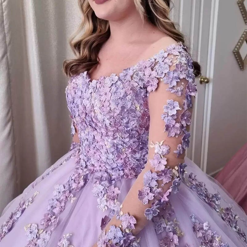 Lilac Ball Gown 3D Floral Lace Applique Long Sleeve Special Occasion Dress Sweet 16 Dress cc43