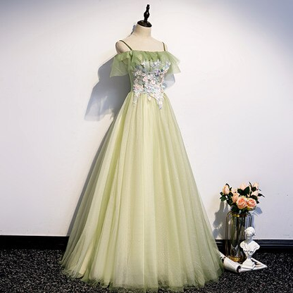 Light Green Pleated Floral Embroidery Long Prom Dress Medieval Renaissance Gown  cc23