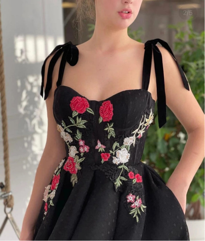 Black Polka Dot Tulle A Collection Evening Gown Colorful Floral Lace Velvet Spaghetti Straps Strap Pockets Ankle Length Dress cc234