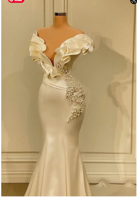 White Long Pearl Ruffle Evening Dresses C2416