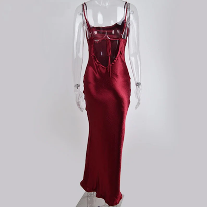 Glossy Open Back Shiny Backless Satin Prom Dress Elegant Cowl Neckline Party Ruched Side Women Midi Dress cc196