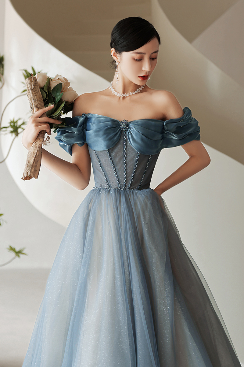 Fashion Women Evening Dress Floor Length Grey Blue Boat Neck Elegant A Line Dress Long Prom Dress cc64