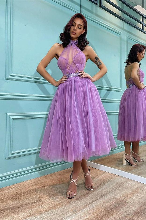 Lavender High Neck Short Tulle Prom Dress c2964