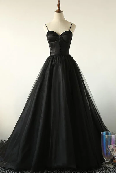 Ball Gown Spaghetti Straps Black Tulle Prom Dress Long Brush/Sweep Train Prom Dress c2834