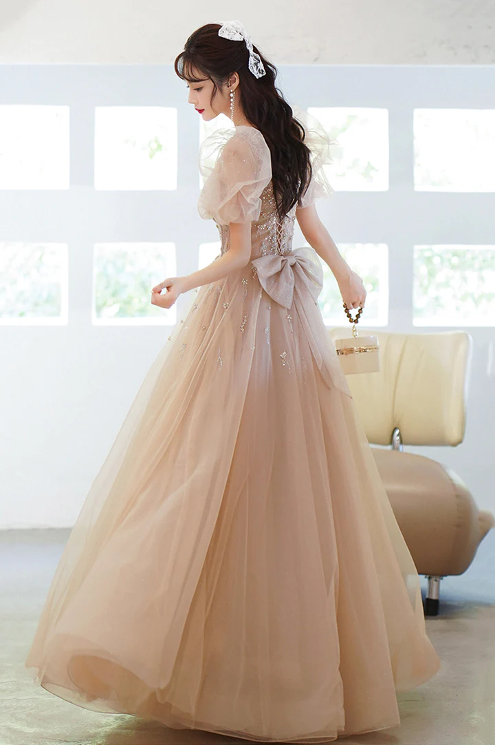 Cute tulle beads long prom dress A line evening gown c2948