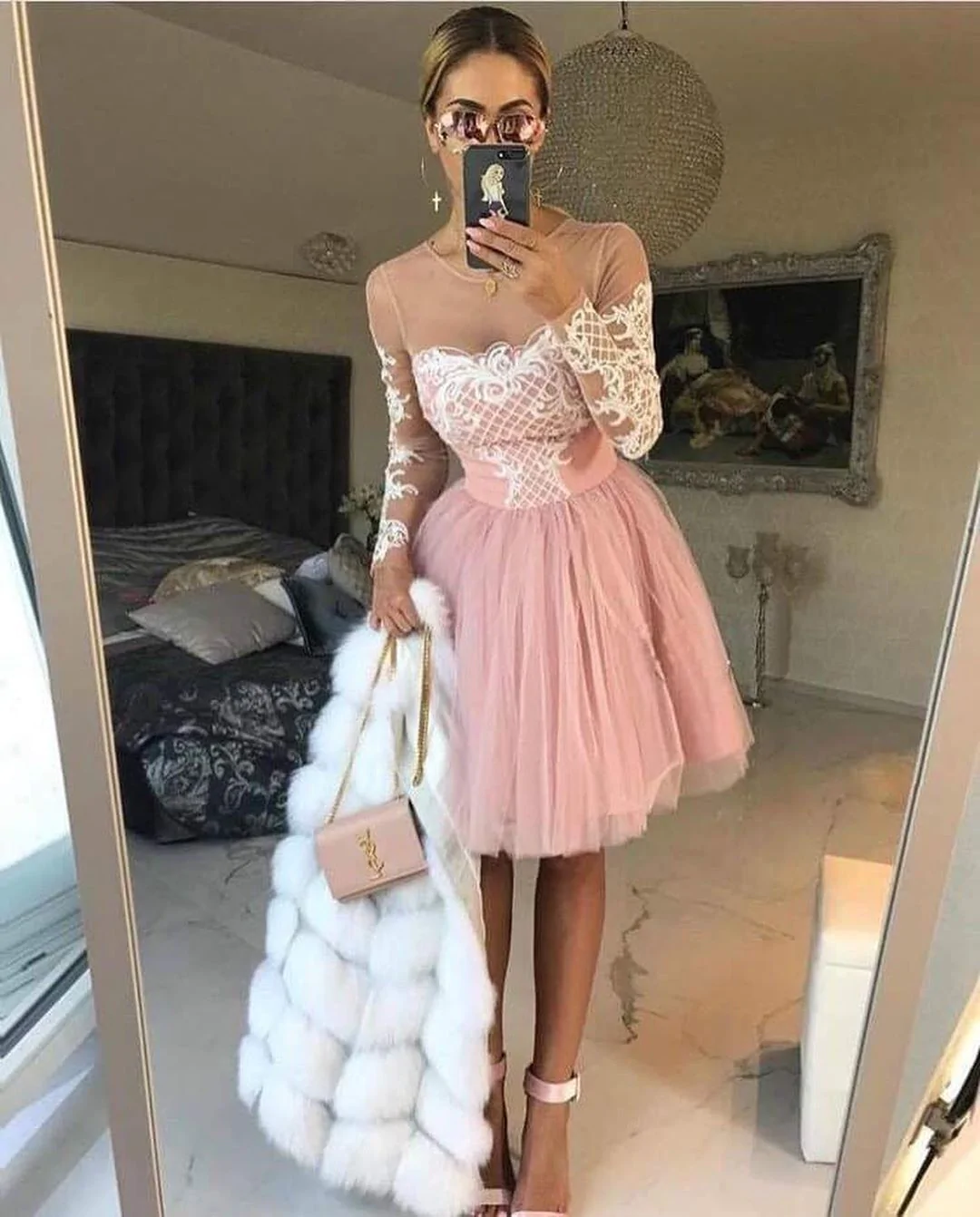 A-line Scoop Pink Lace Short Prom Dress Long Sleeve Homecoming Dress c3045