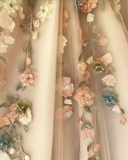 Charming One Shoulder Floral Champagne Long Prom Dresses, 3D Flowers Champagne Formal Evening Dresses C1963
