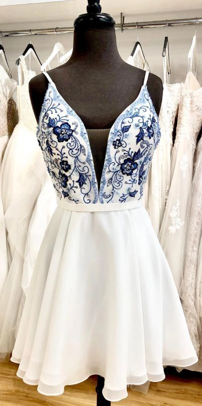 cute short whtie and blue floral embroidery short homecoming dress c3034