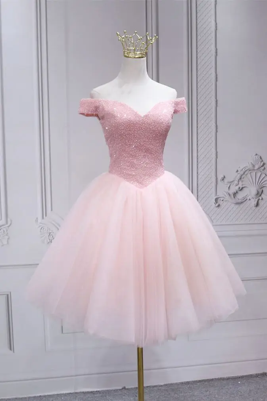Cute Off the Shoulder Short Pink Party Dress  c3210