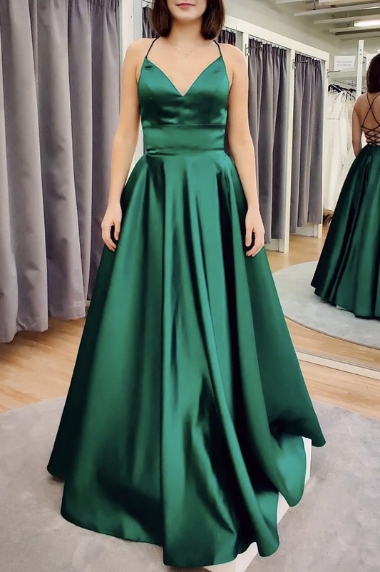 Green V Neck Backless Satin Prom Dresses, Open Back Green Satin Formal Evening Dresses cc250