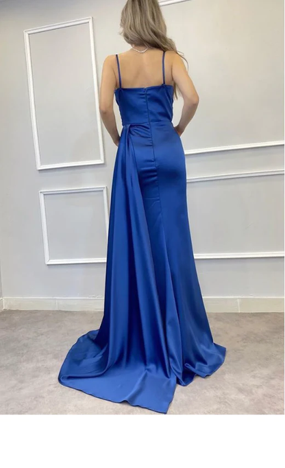 Spaghetti Straps Blue Mermaid Side Slit Long Prom Dress With Train,Party Dress,Evening Dress ,Slit Dress  c3021