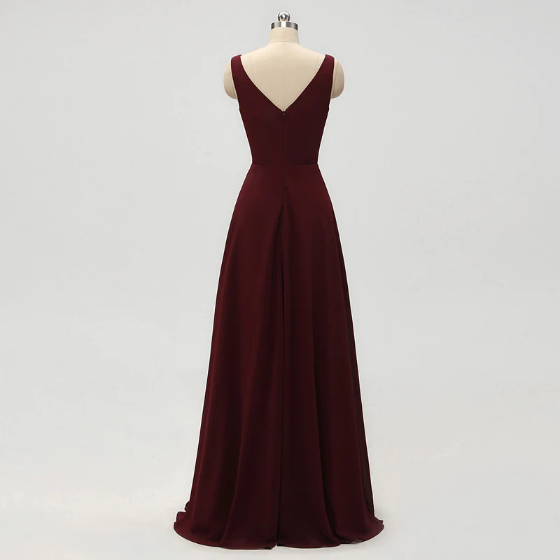 A-line V-neck Burgundy Chiffon Prom Dresses With Pleats  C1739
