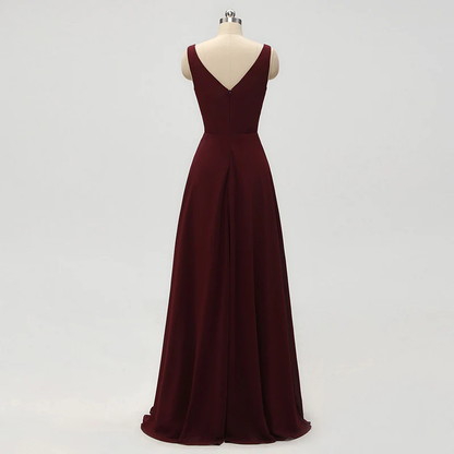 A-line V-neck Burgundy Chiffon Prom Dresses With Pleats  C1739