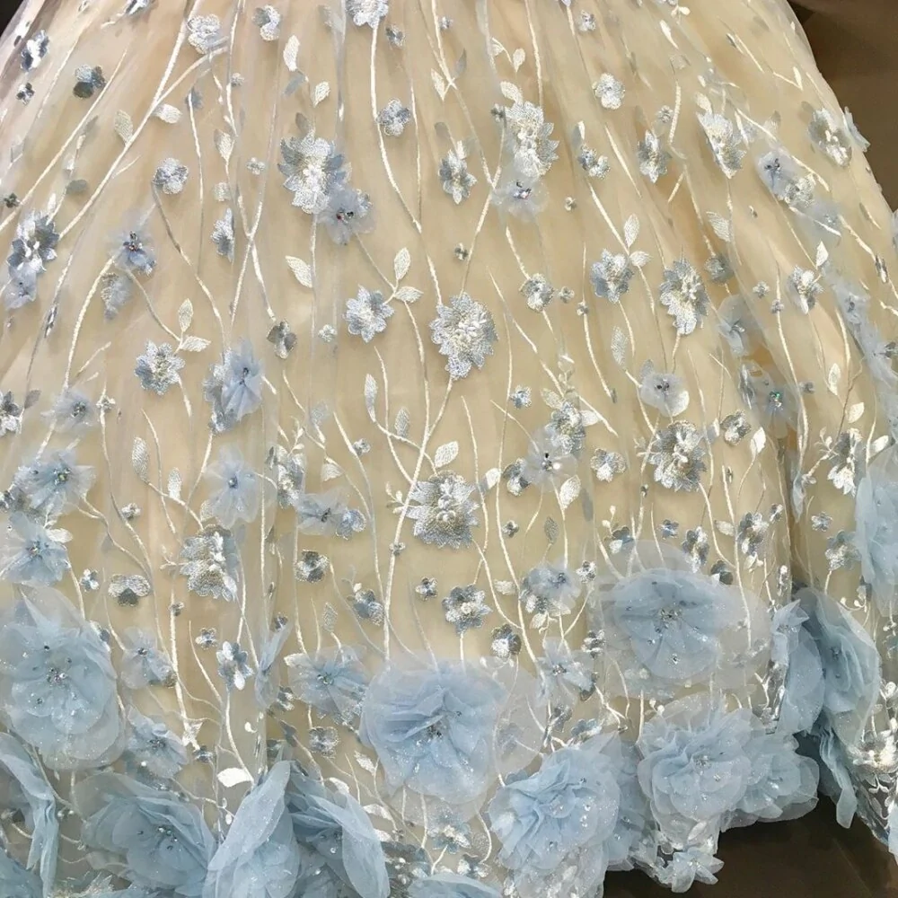 3D Flowers Sequined Quinceanera Dresses Sweet 16 Dress Light Sky Blue Flowers Ball Gown c3255