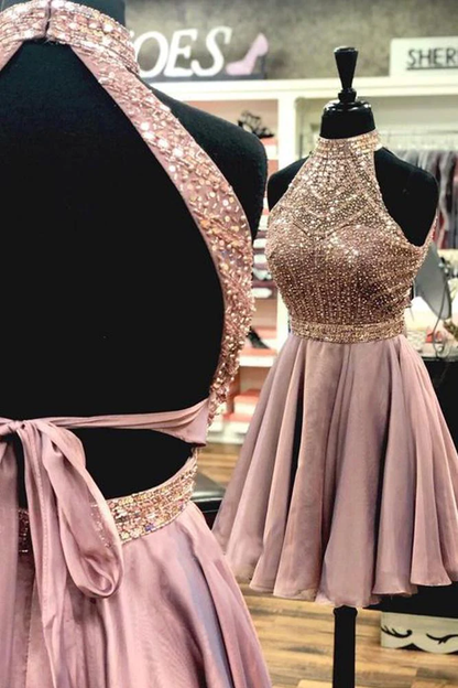 A Line Halter Open Back Chiffon Short Homecoming Dresses with Beading c3017