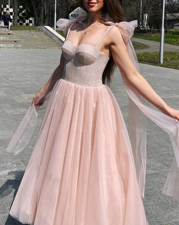 Blush Tulle Ankle Length Dress With Sparkly Corset Tea Length Prom Dress c3454