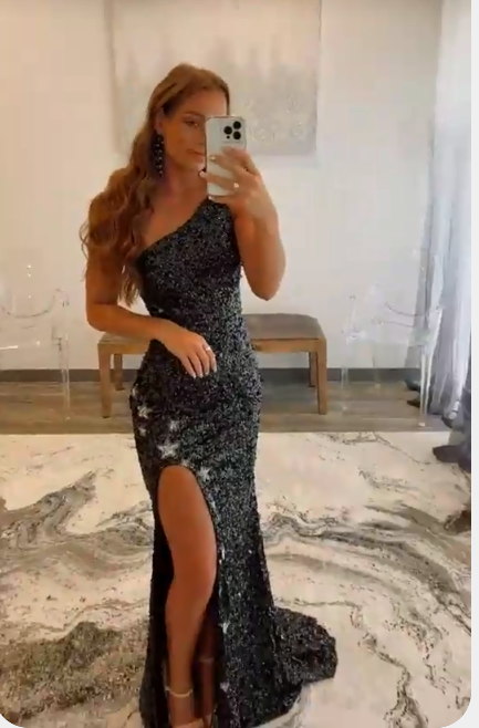 One Shlulder Black Prom Dress With Star Pattern Hight Split Evening Dress C2351