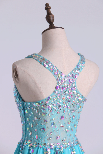 Blue Short Halter A Line Homecoming Dresses Lace&Chiffon Beaded Bodice c2605