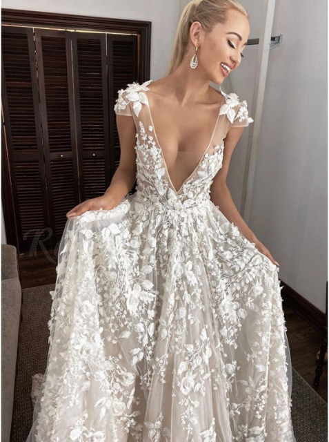 A-line Lace V-Neck Vintage Cap Sleeves Romantic Wedding Dresses Elegant Evening Dress c3286