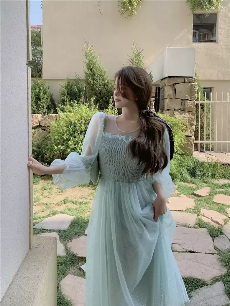 Light green skirt hollow French super fairy puff sleeve polka dot mesh dress sexy party dress cc292