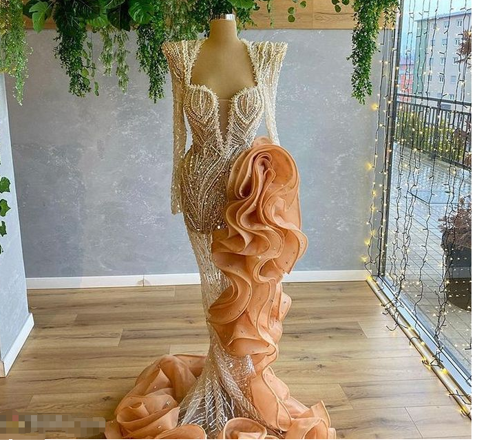 Heavy Bead Unique Prom Dress With Side Ruffules Custom Made Evening Dress C2432