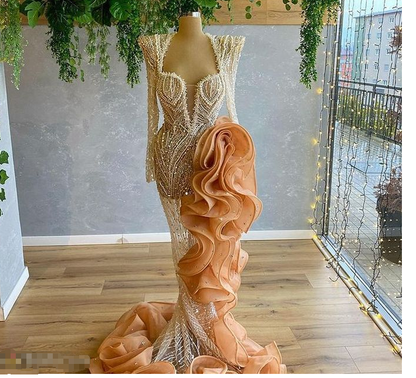 Heavy Bead Unique Prom Dress With Side Ruffules Custom Made Evening Dress C2432