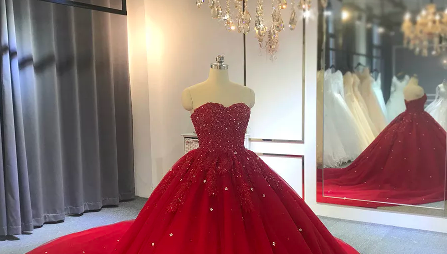 Red Ball Gown With Cape And Beads, Luxury Prom Dress C1888