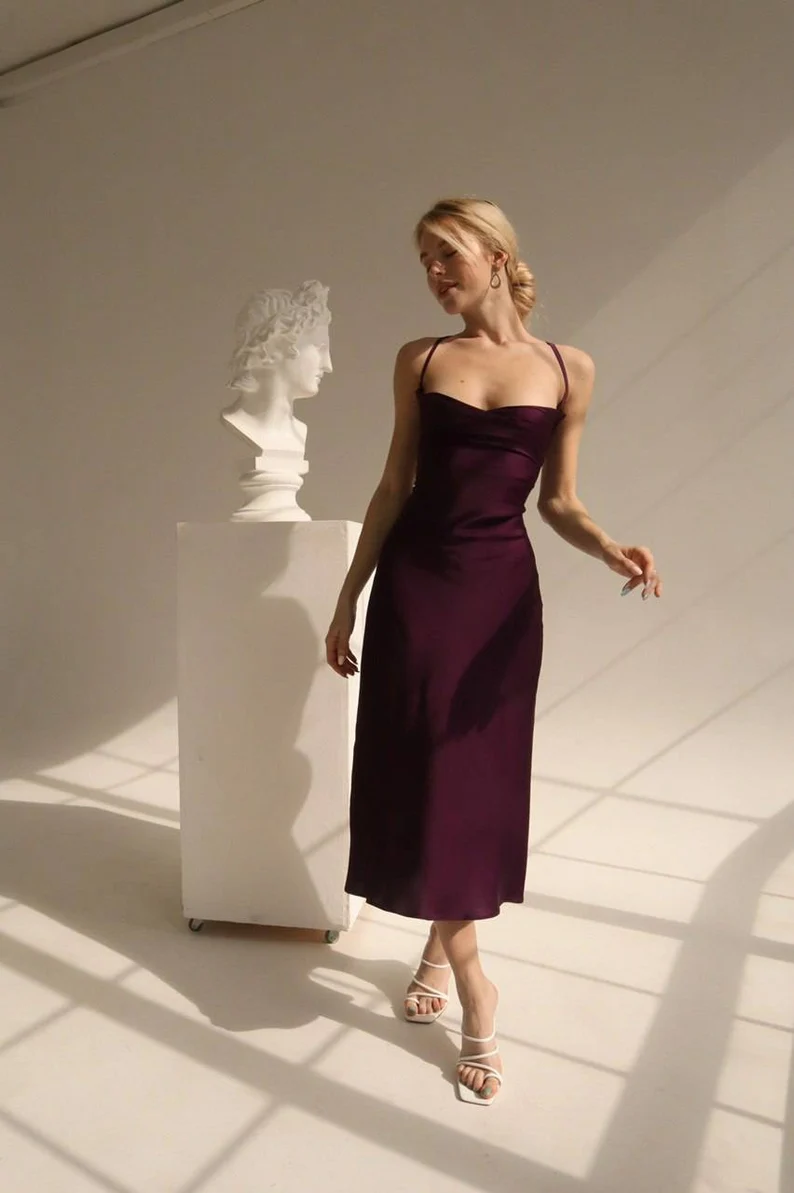 Midi Silk Slip Dress With Cowl Neck Sheath Backless Party Dress cc140