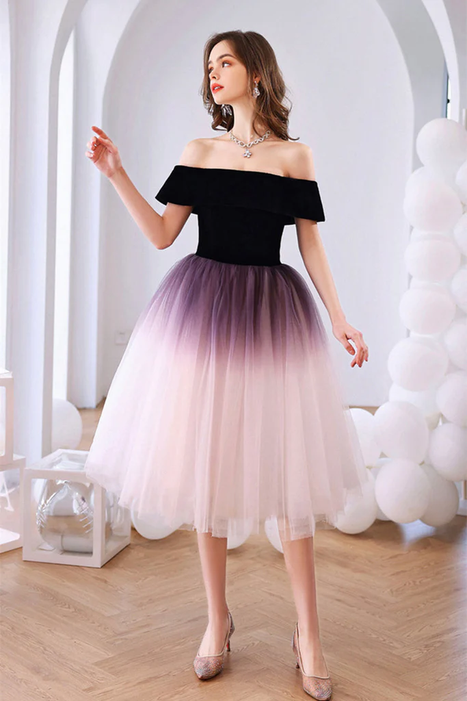 Off Shoulder Ombre Tulle Short Homecoming Dress, Ombre Formal Graduation Dress cc12