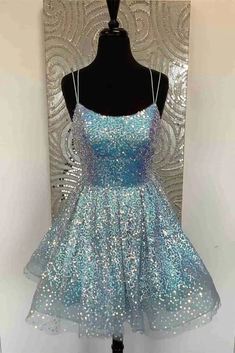 Sparkly A-line Light Blue Short Party Dress, Sequins Plus Size Homecoming Dresses c3043