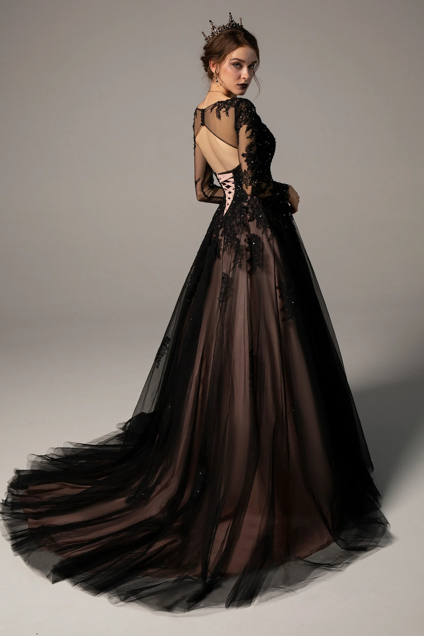 A-Line Court Train Tulle Wedding Dress Black Tulle Lace Bridal Dress  cc262