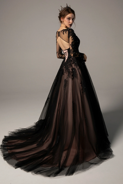 A-Line Court Train Tulle Wedding Dress Black Tulle Lace Bridal Dress  cc262
