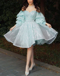 Short Puffy Sleeves Beaded Tulle Homecoming Dresses c3474