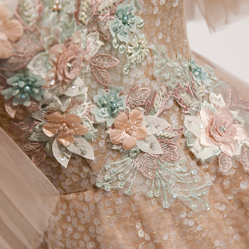 Champagne sequins tulle prom dress formal dress cc391