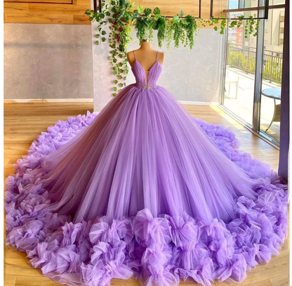 Spaghetti Straps Beading Bodice Tulle Ball Gown Evening Dress With Handmade C64